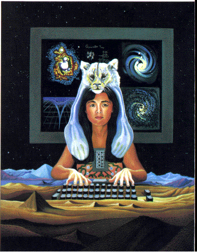 Artwork by Lisa Foo accompanying Donna Haraways The Cyborg Manifesto. A woman with an animal hat typing on a keyboard. A screen in the background showing space and under the keyboard a dessert with pyramids.